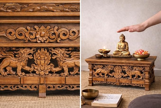Tribe Azure Fair Trade Small Snow Lion Altar Table, Hand Carved Wooden Table with Majestic Garuda, 16 in x 9 in x 9 in