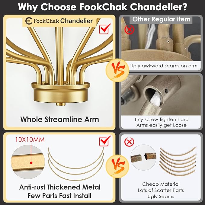 6 Light Gold Chandelier, Brushed Gold Light Fixture Dining Table Candle Brass Chandelier Lighting for Bedroom Hallway Entryway Living Room Kitchen 29in Brushed Brass Chandeliers