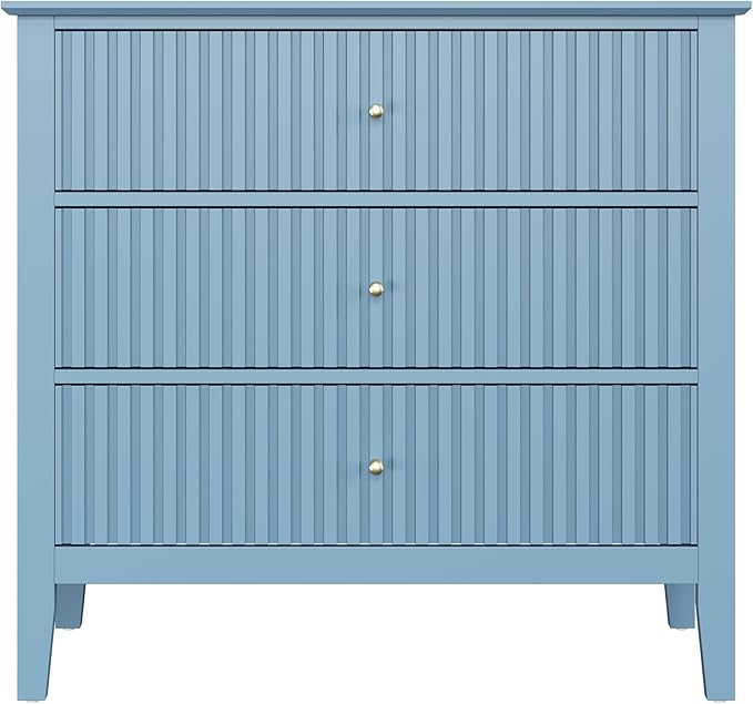 Large Muted Blue Fluted 3 Drawer Dresser Set of 2, Chest of Drawers with Ball Bearing Slide Modern 30 inch Tall Wood Nightstand with Spacious Storage for Living Room Entryway