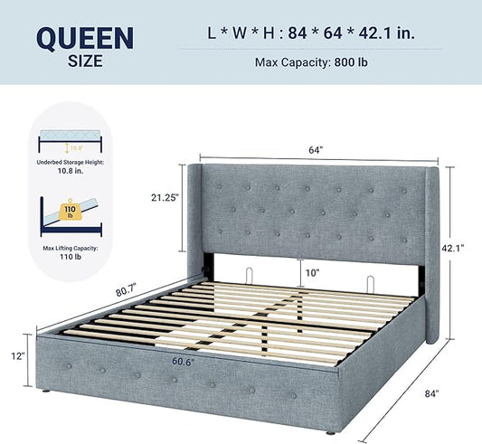 Allewie Queen Size Lift Up Storage Bed, Button Tufted Headboard with Wingback, Hydraulic Support, No Box Spring Needed, Grey Blue