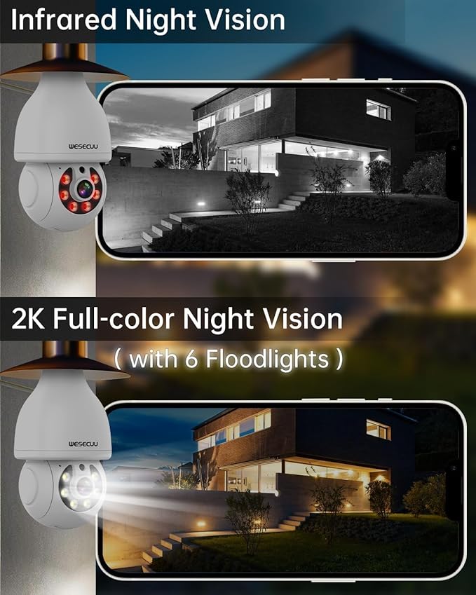 WESECUU Security Light Bulb Camera, 2K Light Bulb Security Camera Outdoor WiFi, 360° PTZ Light Socket Security Camera, Motion Detection Spotlight Siren, 24/7 Continuous Recording 2.4GHz