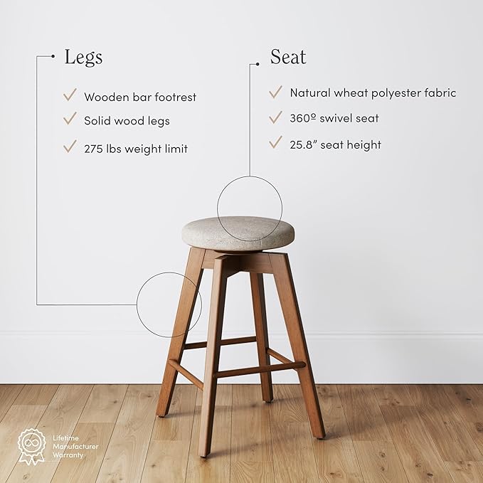 Nathan James Amalia Backless Kitchen Counter Height Bar Stool, Solid Wood with 360 Swivel Seat Antique Coffee/Natural Wheat, Set of 4