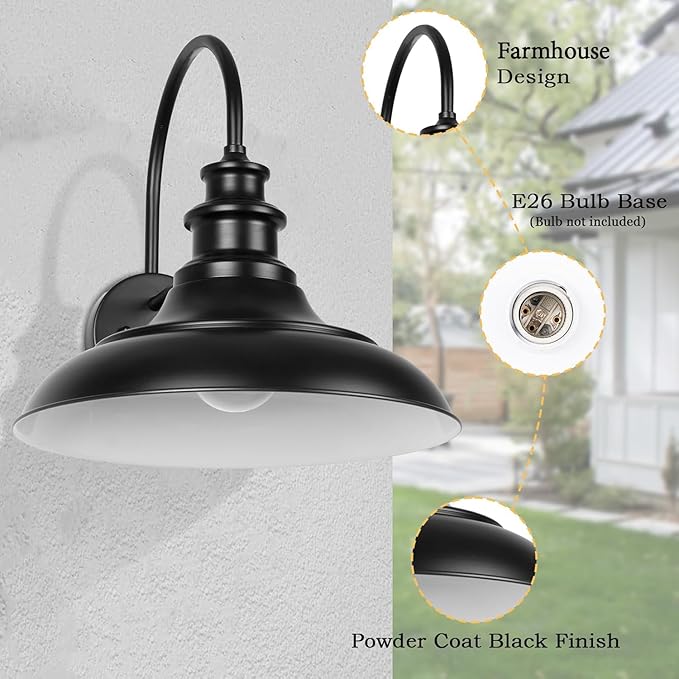 Outdoor Barn Light Fixtures, 12.3 Inch Large Dome Farmhouse Exterior Wall Mount Lights, Wall Sconce Indoor Wall Lighting, Industrial Black White Finish Lanterns for Porch, RZ004-4 BK+WH