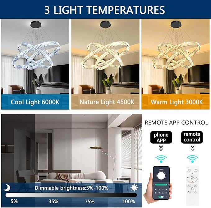 24''+32''+40'' Modern Ring Chandelier Crystal Chandeliers for Dining Room Round LED Dimmable Ceiling Light Fixture for Living Room Bedroom Lighting Black