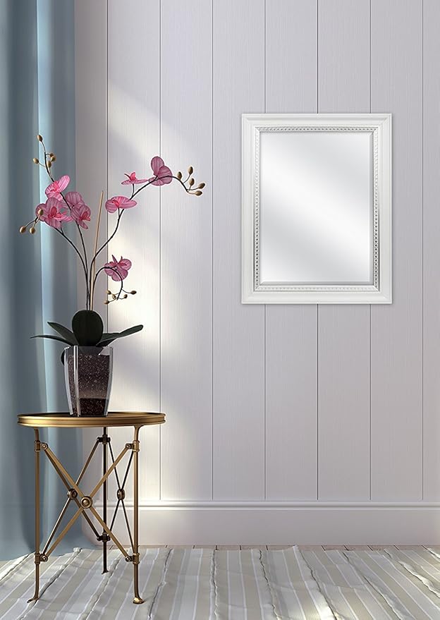 MCS 23x29 Large Wall Mirror, White Woodgrained Frame with Silver Embossed Detail & Beveled Detail Mirror, Vertical & Horizontal Wall Hanging Mirror for Bathroom, Bedroom & Livingroom