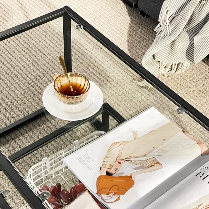 Black Metal Glass Coffee Table - Simple Center Coffee Table for Living Room Home, Metal Frame Coffee Table with 2 Shelves,Modern Table for Bedroom, Dinning Room,Office Decor | Living Room, Home, Modern Table, Bedroom, Dinning Room