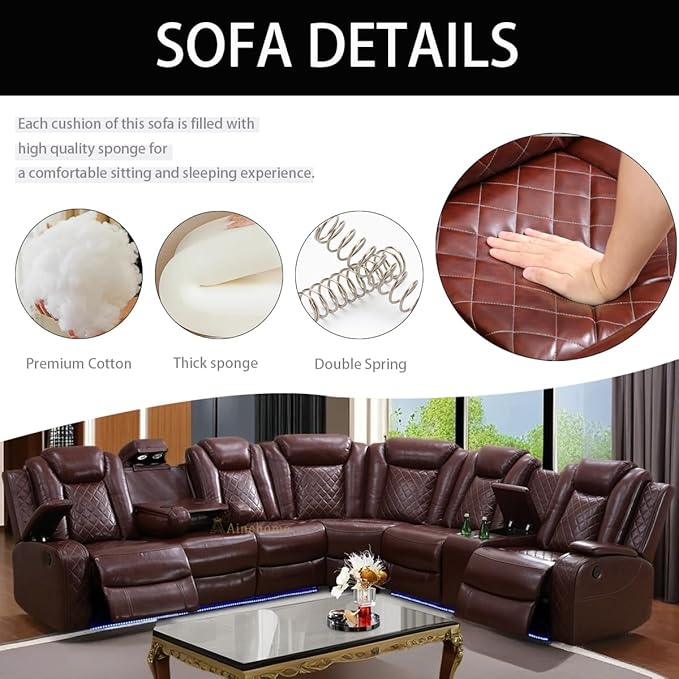 A Ainehome Power LED Reclining Sectional Sofa Set, Living Room Power Recliner Adjustable Sofa, Loveseat and Chair with Storage Console for Home/Office(A-Brown)