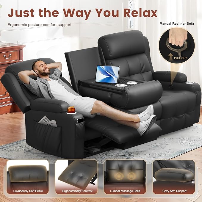 Recliner Sofa, Massage Reclining Sofa 3 Seater Sets Heavy Weight Capacity, RV Loveseat Couch Clearance with Flip Back Console, Storage, Cup Holders, Wall Hugger Reclining Couch for Living Room
