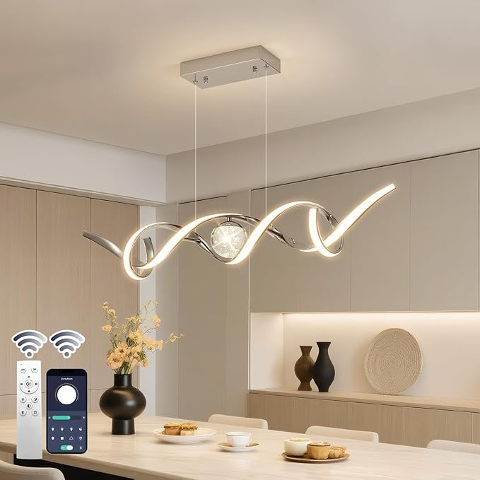 LED Modern Chandeliers for Dining Room, 39in Dimmable Chrome Chandelier Kitchen Pendant Lighting Over Island, Linear Wave Spiral Pendant Light Fixtures Dining Room Lights Ceiling Hanging, 36W