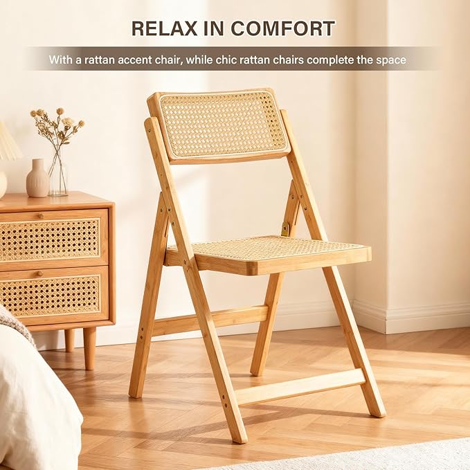 Rattan Folding Chairs, Modern Mid Century Dining Chairs Set of 2, Outdoor Bamboo Chair for Bedroom Living Room Reading Room Dining Kitchen, Wood