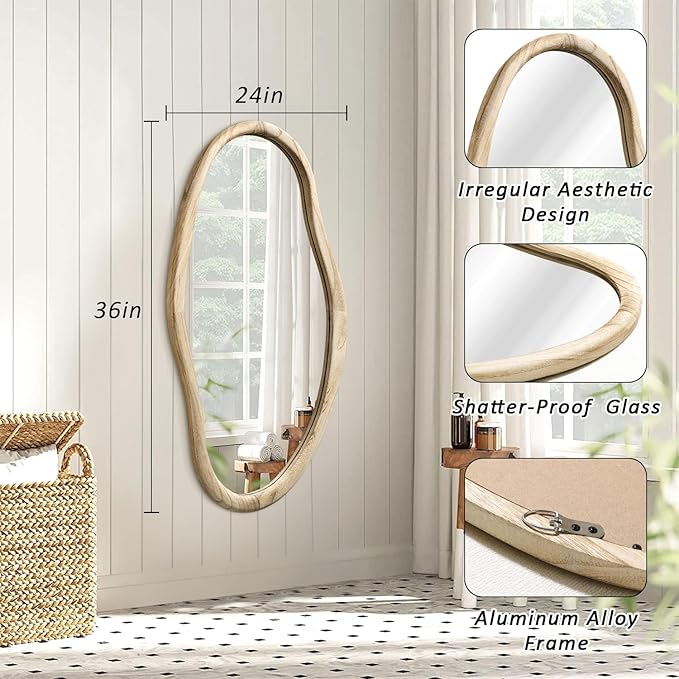 JJUUYOU Irregular Wood Mirror Asymmetrical Bathroom Wall Mounted Mirror 36"x24" Large Horizontal or Vertical Hanging Wall Mirrors for Makeup Bedroom Living Room Wood