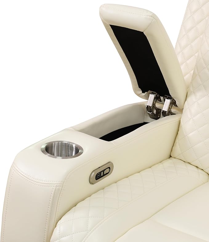 Power Theater Recliner Chair, Cream White Leather Reclining Sofa Couch Chair, Modern Comfy Recliner with Arm Storage/Cup Holder/USB Port for Living Room Furniture, Office, Home Theater
