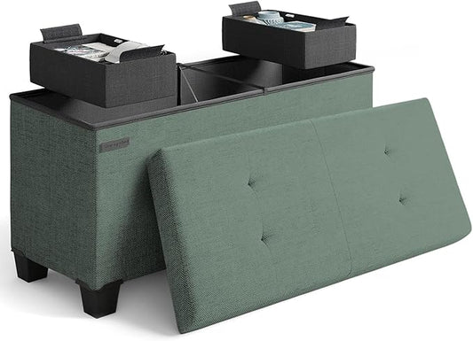 Storage Ottoman Bench with Bins, 30-in Storage Bench for Bedroom End of Bed, Folding Foot Rest Ottoman for Living Room Max 660lbs, Fabric Ottomans, Green