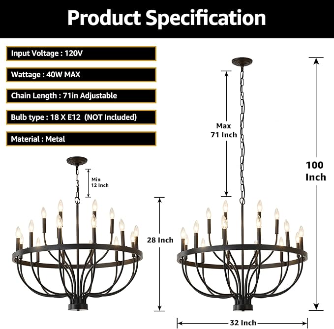 HHR 18-Light Farmhouse Foyer Chandelier Entryway High Ceiling 32 Inch, Modern Black Chandelier for Dining Room, Candle Light Fixtures for Bedroom Hallway Kitchen Living Room