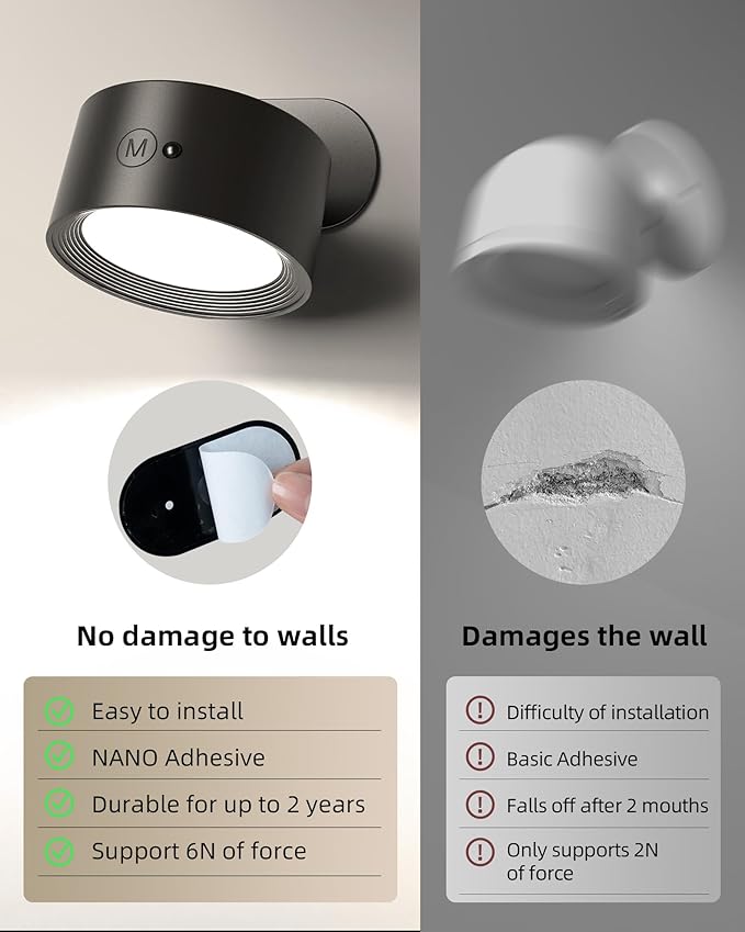 LED Wall Mounted Lights,Rechargeable Wall Sconces Lamp for Bedroom,3 Color Temps & Remote and Touch Control,360°Rotation Dimmable Cordless (2 Pack)