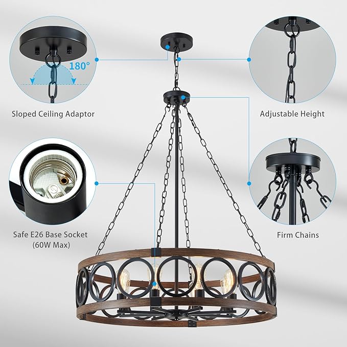 XINGQI 8 Lights Modern Farmhouse Chandelier Black 32.3" Large Drum Light Fixture Rustic Pendant Lighting for Living Room Dining Room Kitchen Island Bar Office, Round Metal Shade Wood Grain Finish