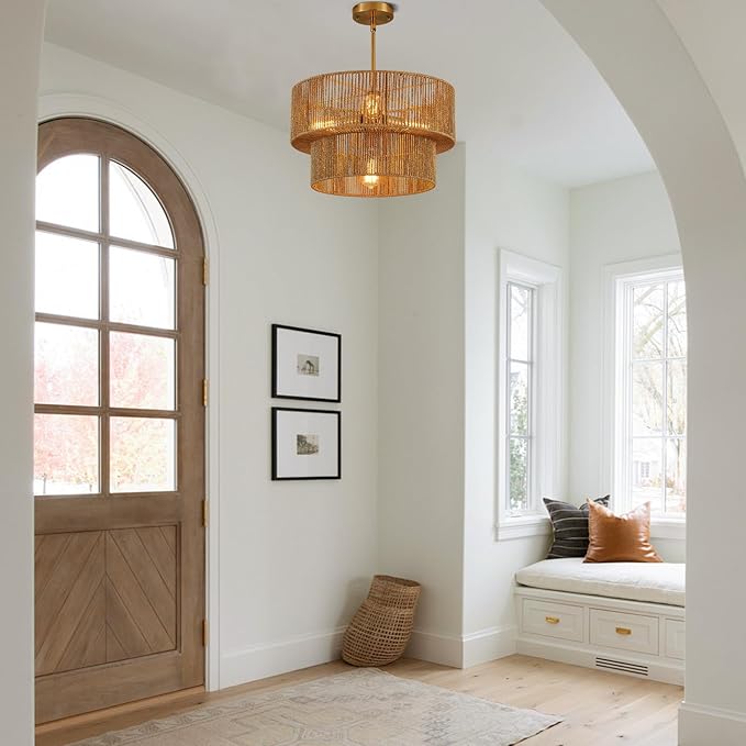 17.8" Golden Boho Rattan Chandelier Light Fixture 4-Light Hand-Woven Bamboo Vintage Farmhouse Chandelier Drum Wicker Chandeliers for Dining Room, Living Room, Kitchen Island,Bedroom,Foyer