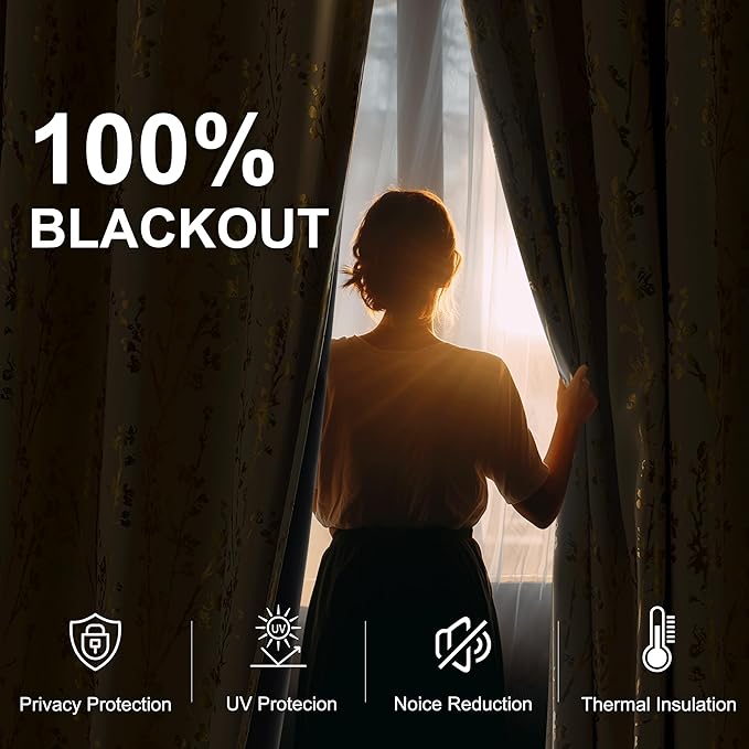 NICETOWN Gold Silver Printed 100% Blackout Floral Curtains for Living Room, Grommet Thermal Window Treatments Branch Pattern Drapes or Bedroom, Beige, W52 x L96, 2 Panels