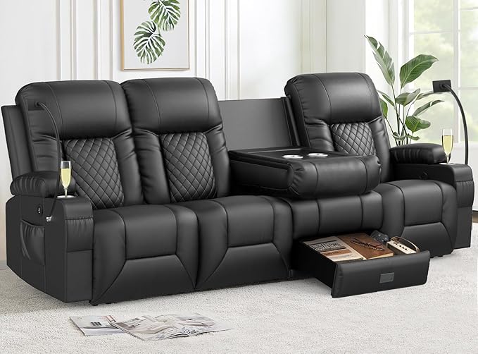 FURNIMAT New Recliner Sofa, 4 Seater Reclining Sofa with Flip Back Console, Modern PU Leather Recliner Couch for Living Room/RV, with Storage Drawer, USB Ports, Cup Holder, Cell Phone Holder, Black