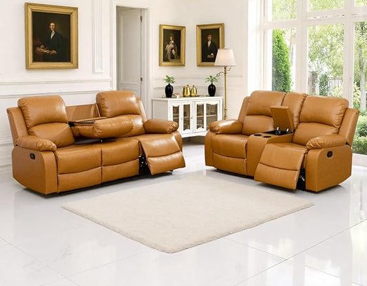 2PCS Reclining Couch Living Room Furniture Sets Manual Recliner Sofa Set Bonded Leather Sofa and Loveseat with Drop-down Table/Cup Holders/Storage Console for Home/Office/Rv Car (Ginger,Sofa+Loveseat)