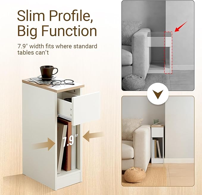 SoBuy Set of 2 Nightstand Narrow Night Stand Modern Design Bedside Furniture Slim End Table Storage Cabinet with Sliding Drawer and Open Compartment, White & Natural FBT111-WNX2