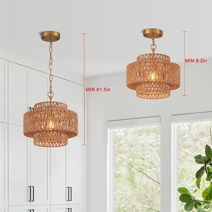 12.6" Hand-Woven Rattan Pendant Light Fixture Vintage Farmhouse Boho Bamboo Pendant Lighting Mini Drum Wicker Rattan Golden Chandelier for Kitchen Island, Bedroom, Dining Room, Entryway, Foyer