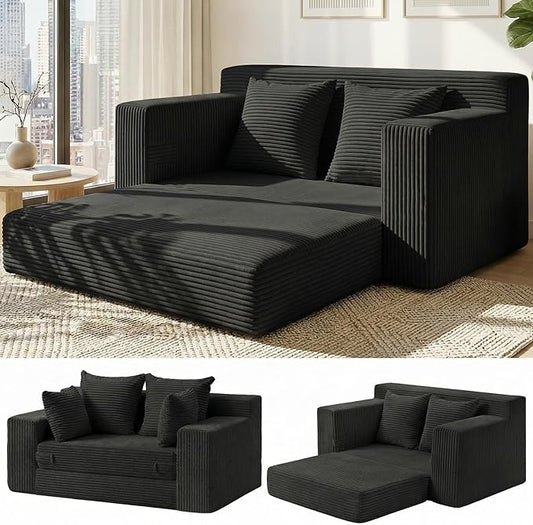 Convertible 5 in 1 Futon Sofa Bed Full Size, Corduroy Boneless Couch Sleeper Sofa with 4 Pillows, Foldable Pull Out Loveseat Floor Mattress for Living Room, Apartment, Small Space & Dorm