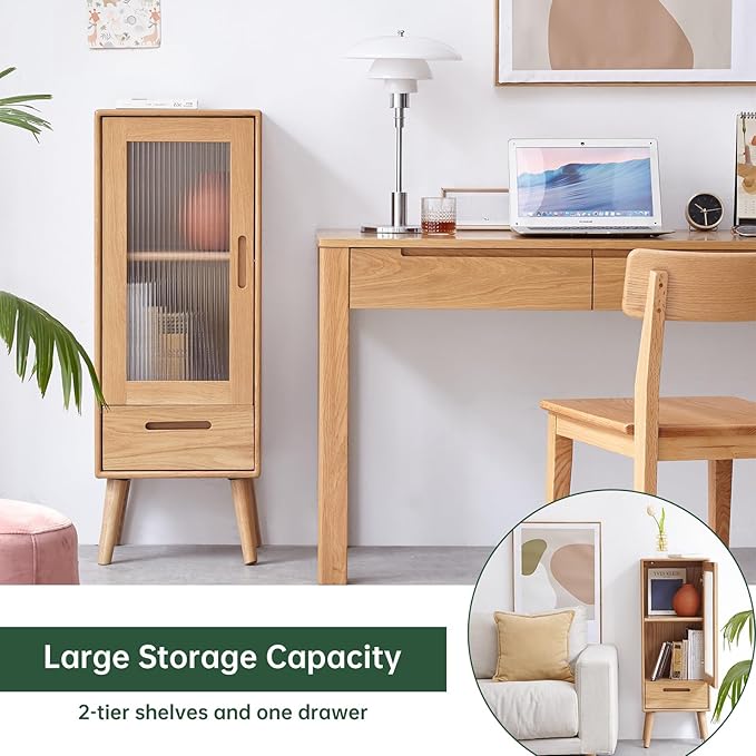 100% Solid Oak Storage Cabinet, Mid Century Modern Buffet Cabinet with Storage, Wooden Sideboard with Door and Adjustable Shelves for Living Room, Kitchen (14.96" W× 12.60" D× 47.24" H)