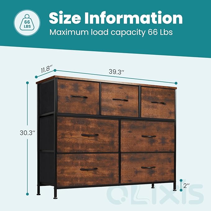 OLIXIS Dresser Nightstand for Bedroom, 7 Storage Drawers, Wide Fabric Closet Chests Organizer Tower Furniture, TV Stand with Wooden Top Frame for Clothes, Living Room, Hallway, Rust Brown