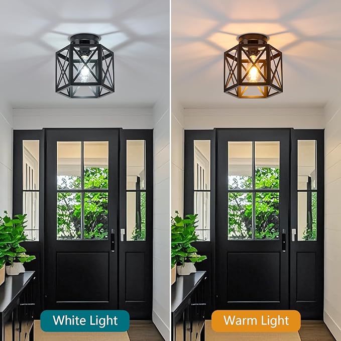 2 Pack Farmhouse Semi Flush Mount Ceiling Light, Industrial Black Hallway Light Fixture, Small Metal Cage Close to Ceiling Lights for Kitchen Sink Porch Bedroom