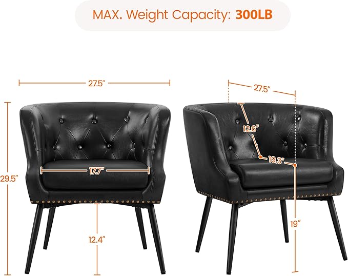 Yaheetech Modern Accent Chair, Faux Leather Retro Armchair, Upholstered Barrel Chair with Metal Leg and Comfy Seat Cushion for Living Room Bedroom, Black, Set of 2