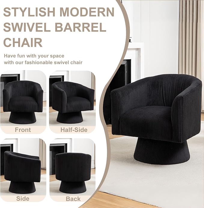 Swivel Accent Chair, Modern 360° Barrel Chair, Corduroy Upholstered Single Sofa for Living Room, Bedroom(Black)