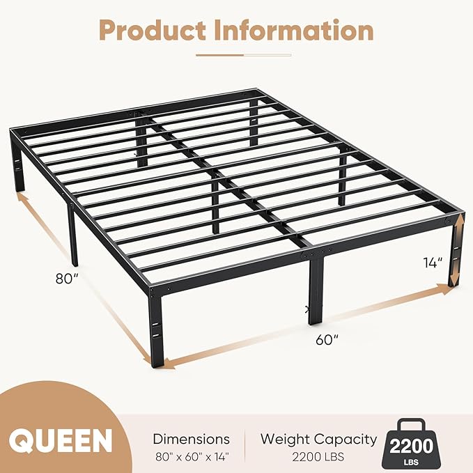 DUMOS Queen Size Bed Frame - Metal Platform Bed Frames Mattress Foundation with Steel Slat Support, No Box Spring Needed, Storage Space Under Base, Easy Assembly, Black