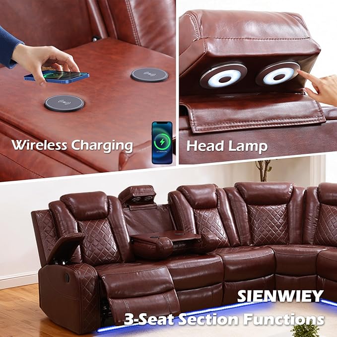 Leather Power Recliner Sectional Sofa Set with LED Light,L Shaped Leather Couch Set with Recliner Chair,Modular Corner Sofa with USB Ports for Living Room Furniture(Red, Sectional+Chair)