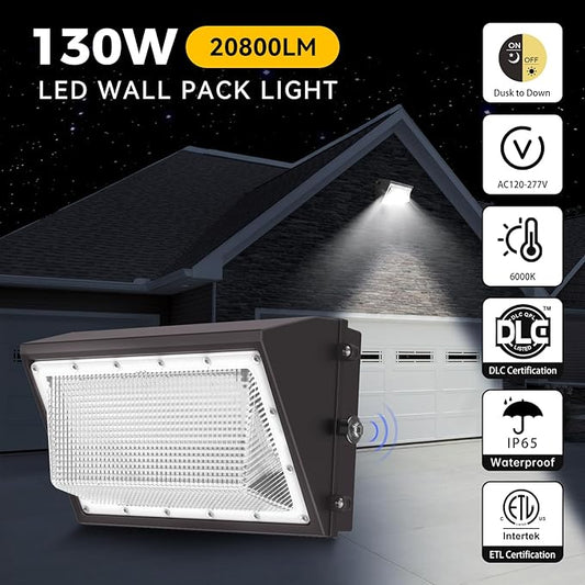 AIKVSXER 130W LED Wall Pack Light 2 Pack, Dusk to Dawn Photocell, 20,800LM 6000K IP65 Waterproof Commercial Wall Pack Light Outdoor LED for Parking Lot, Warehouses, Yard, Barn AC120-277V