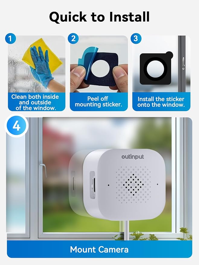 Outinput Window Camera, 2K 3MP WiFi Security Camera for Home Security, AI Color Night Vision, Motion Detection with Instant Alerts, 24/7 Recording, App Control, Works with Glass Window