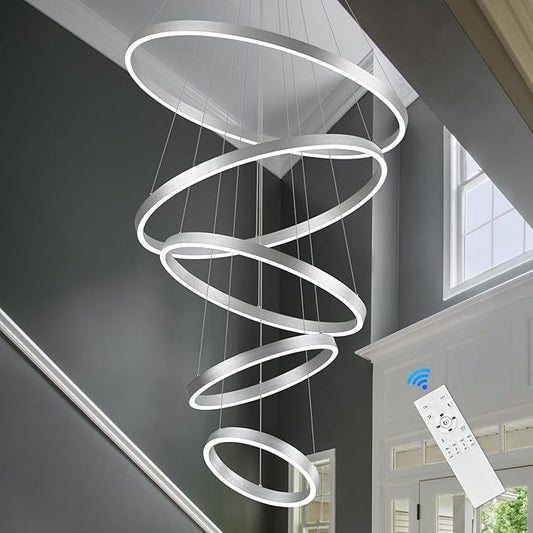 Modern LED Chandeliers 5-Ring Chandelier High Ceiling Chandelier 31" Large Foyer Chandeliers Entryway Silver Dimmable Pendant Light Fixture for Living Room Staircase, 3000K-6500K