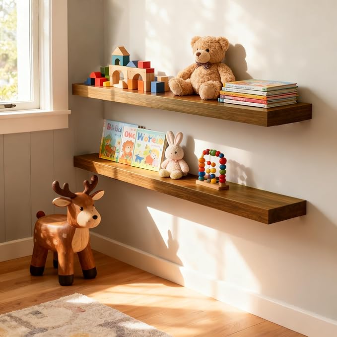Rustic Brown Floating Shelves - 36 Inch Engineered Wood Wall Mounted Storage Rack, Heavy Duty Farmhouse Decorative Display Shelves for Living Room, Bedroom, Kitchen, Bathroom, Set of 2