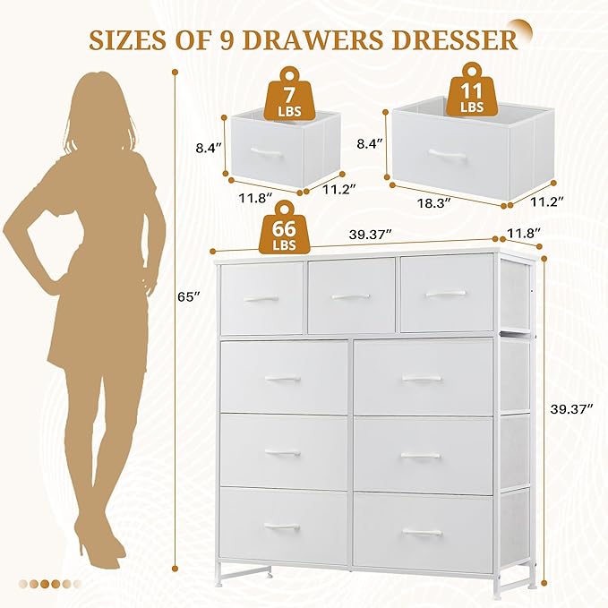 Dresser with 9 Drawers for Bedroom, Fabric Clothes Cabinet for Closet, Anti-Tip Storage Dresser with Metal Frame for Living Room, Entryway, Dorm, White