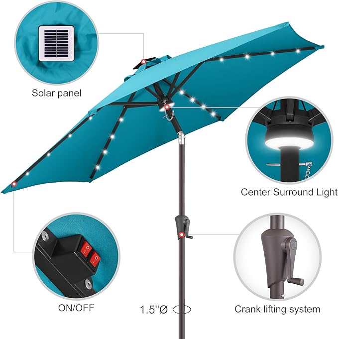 10FT Solar Patio Umbrella - Outdoor Umbrella with Centre Surround Light 24 LED Lights, Market Table Umbrella with Tilt for Pool, Porch, Garden, Deck, Backyard UV Protection (Aqua Blue)