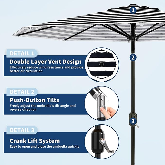 GarveeLife 10FT Patio Umbrella Outdoor, Table Umbrella with Push Button Tilt and Crank, 8 Sturdy Ribs UV Protection Waterproof for Garden, Pool, Market, Deck (Black & White Stripe)