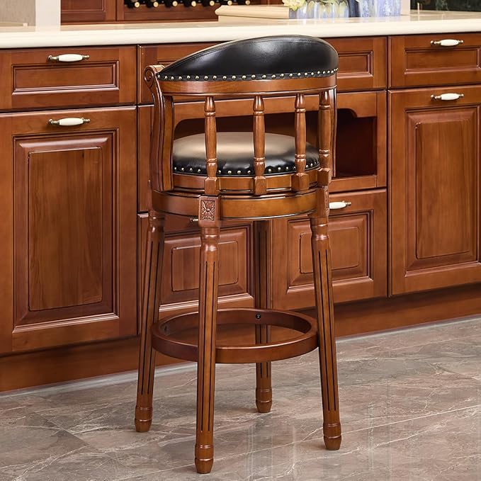 Cow top Leather Wooden Bar Stools, 29.5" Height Bar Chair with Back, 180 Degrees Swivel Bar Stools Chair for Home Kitchen Counter,Restaurant,1pc (Black-1pc, Bar Seat Height 29.5in)