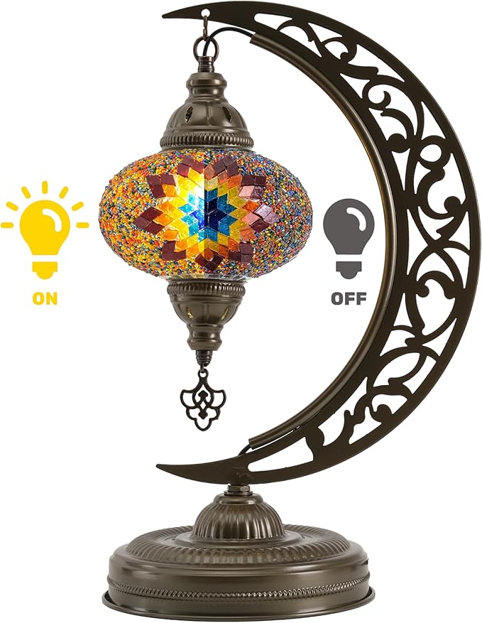 Mozaist Turkish Tiffany Style Moon Shape Table Lamp, Moroccan Mosaic Crescent Handcraft Desk Light, Rustic Stained Glass Dining Room, Bedside Colorful Home Decor with E12 Socket & US Plug (Sunflower)