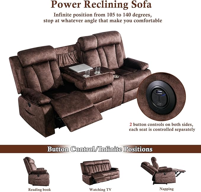 GUEAPY 3 Seat Power Reclining Sofa,Massage Reclining Couch with Heat–Power Reclining Couches with USB/Type-C Ports/Cup Holders/Storage/Console for Living Room,RV,Office, Aprtment (Warm Brown)