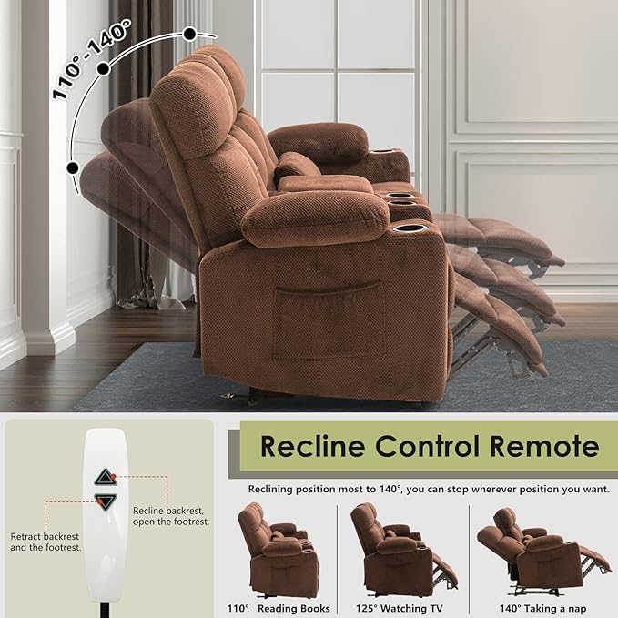 Power Reclining Loveseat with Console, Power Loveseat Recliner Sofa with Heat and Massage, Extended Footrest, Wall Hugger Recliner Loveseat with Lumbar Supports, Side Pockets for Living Room