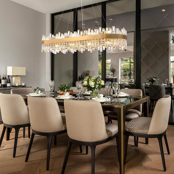 CROSSIO L52'' Modern Crystal Chandelier for Dining Room, 20-Light Gold Rectangular 2-Tiers K9 Crystal Raindrop Chandelier Flush Mount Pendant Ceiling Light for Dining Living Room Kitchen Island