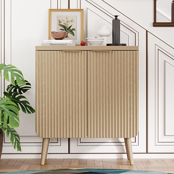 23.6" W Wood Fluted Sideboard with 2 Doors, Modern Small Buffet Cabinet with Shelves, Multi-Space Storage Credenza Kitchen for Entryway, Dining & Living Room, Natual Oak