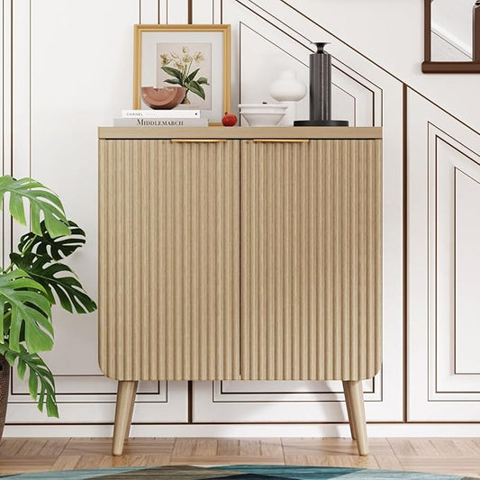 23.6" W Wood Fluted Sideboard with 2 Doors, Modern Small Buffet Cabinet with Shelves, Multi-Space Storage Credenza Kitchen for Entryway, Dining & Living Room, Natual Oak