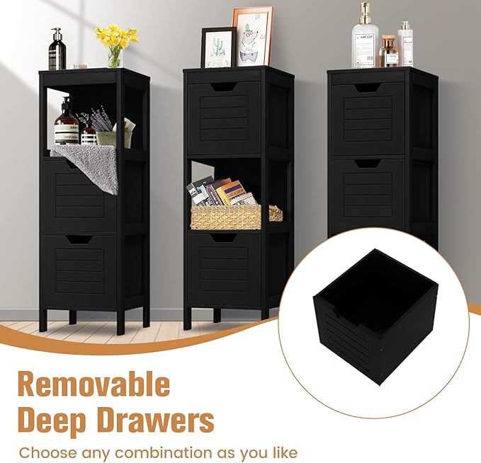 COSTWAY Bathroom Storage Cabinet, Freestanding Wooden Side Storage Cabinet with 2 Adjustable Drawers, Space-Saving Floor Cabinet for Living Room Bathroom Bedroom Entryway (Black)