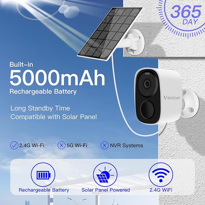 VSTARCAM 2K Solar Outdoor Security Camera with Micro SD Card 32 GB, PIR Motion Detector, Color Night Vision, 2.4GHz&5GHz WLAN, 2-Way Audio, IP66